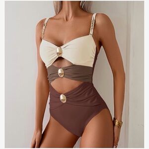 Stylish Cream and Brown Cutout Swimsuit